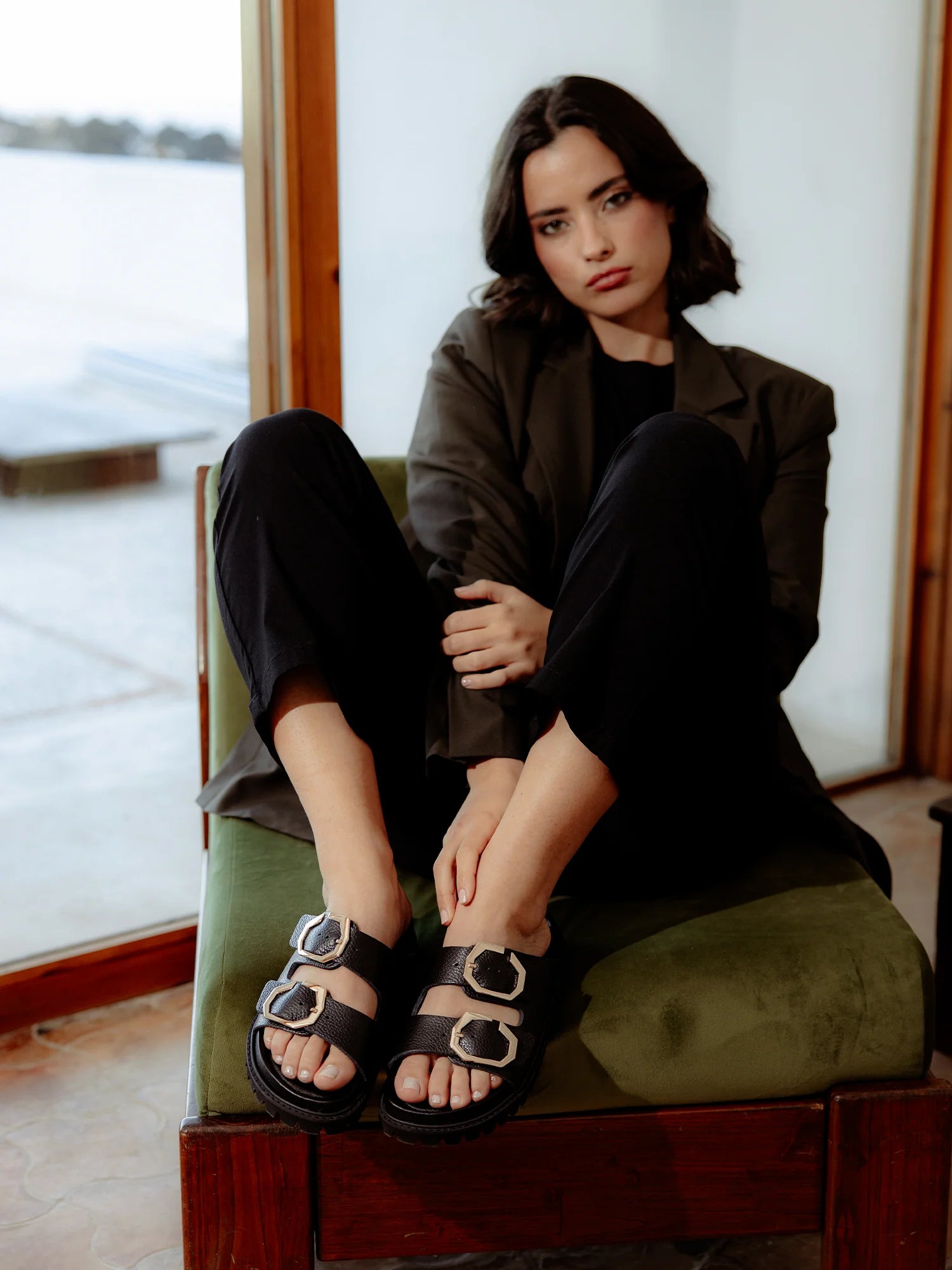 Woman wearing Galia Embossed Leather Sandal