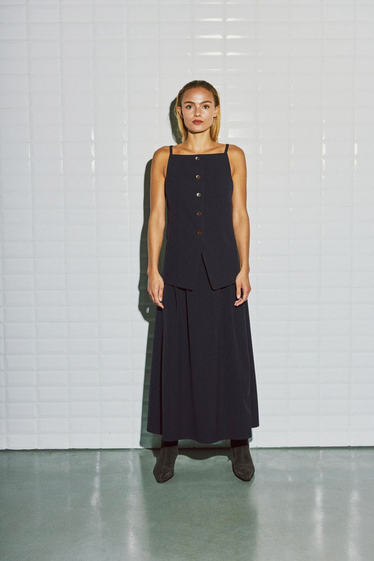 Lily Tailored Skirt - Navy Pinstripe