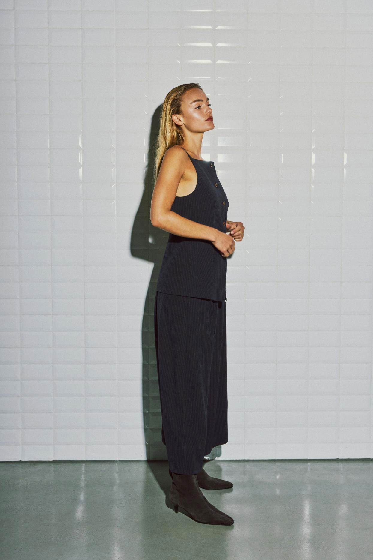 Lily Tailored Skirt - Navy Pinstripe