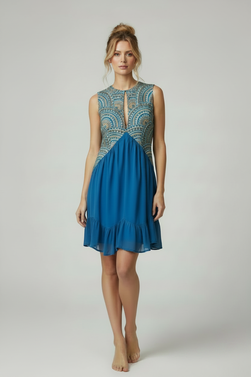 Blue Embroidered Dress - Low Bun & Wider Neckline