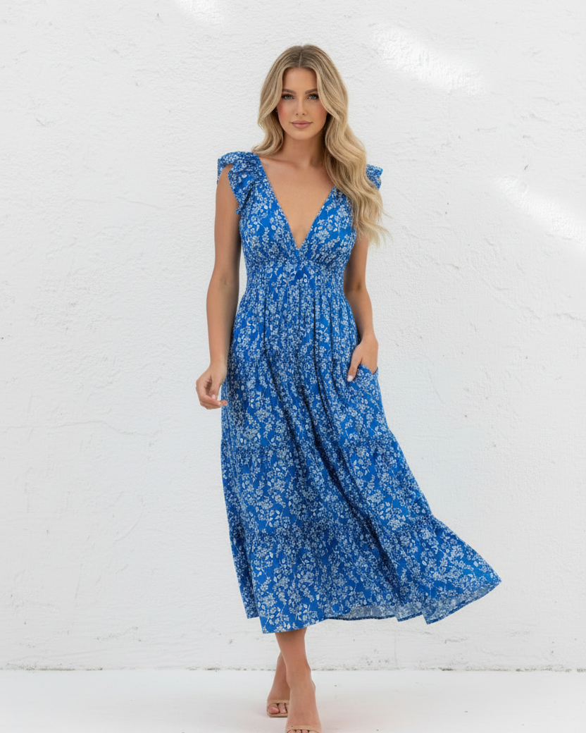 Blue Floral Dress on Blonde Model
