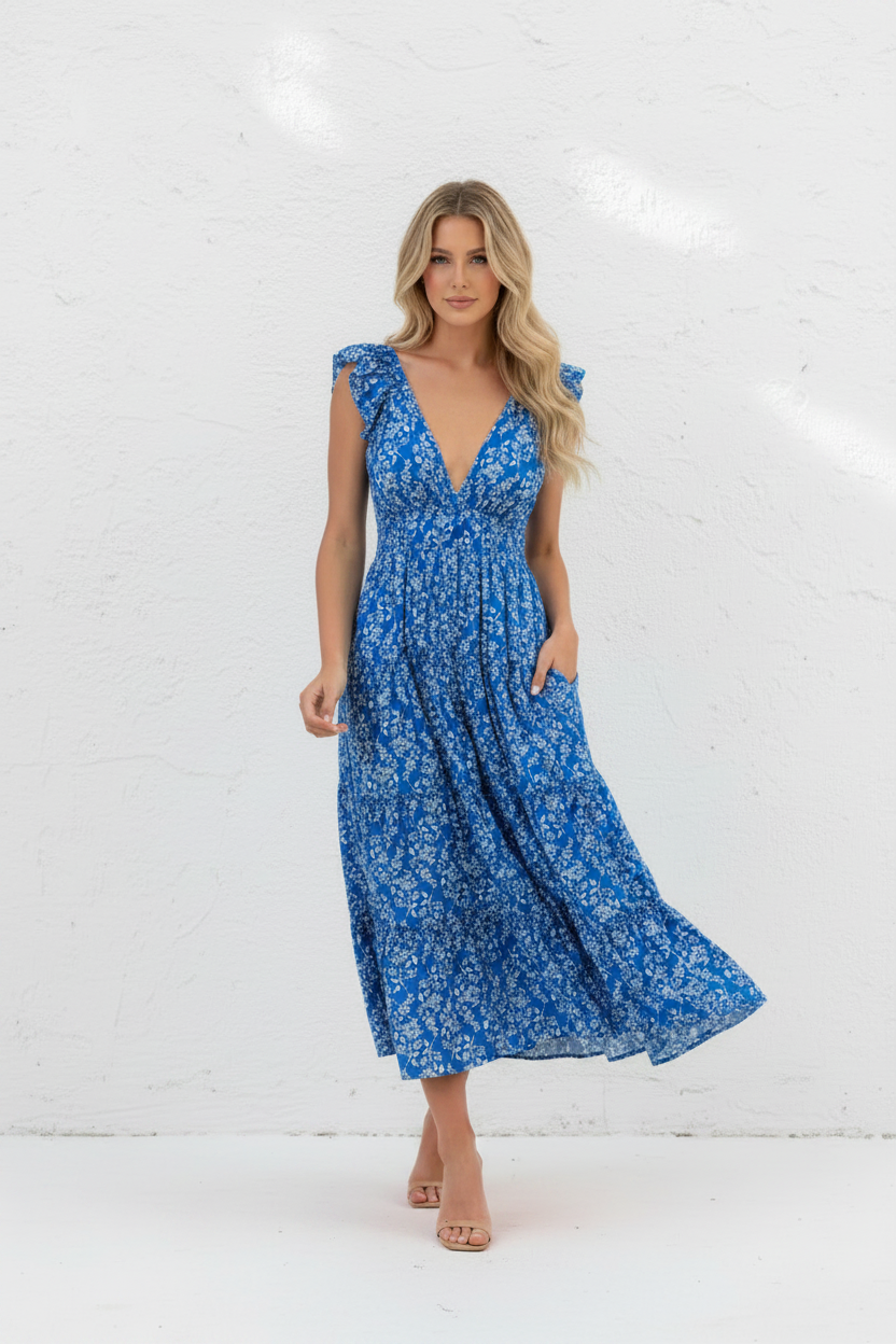 Blue Floral Dress on Blonde Model