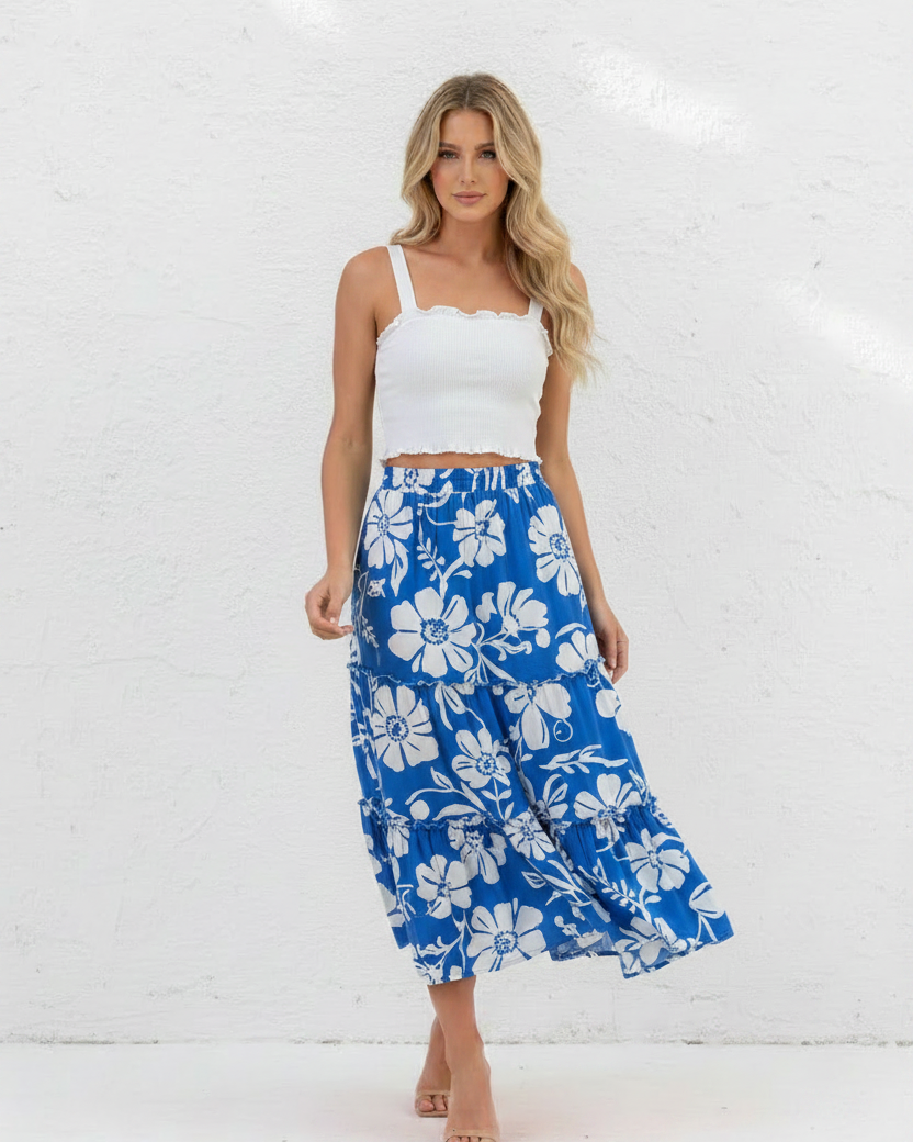 Blue Floral Skirt Outfit on Blonde Model