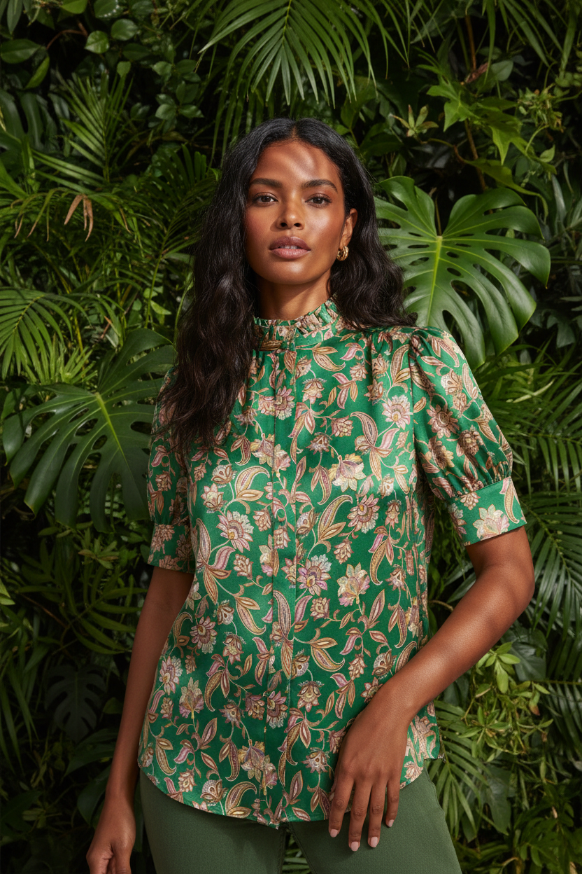 Green Floral Blouse on Model