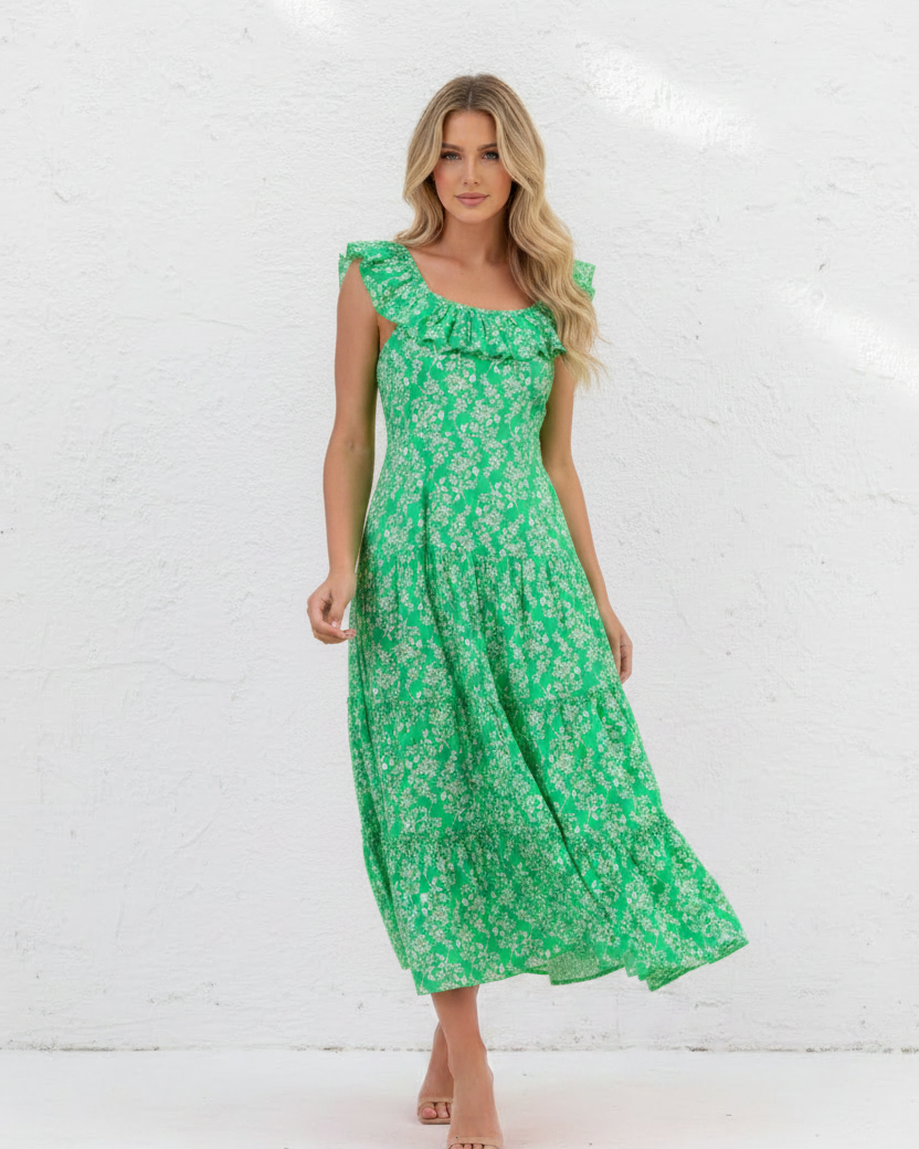Green Floral Dress - Blonde Model