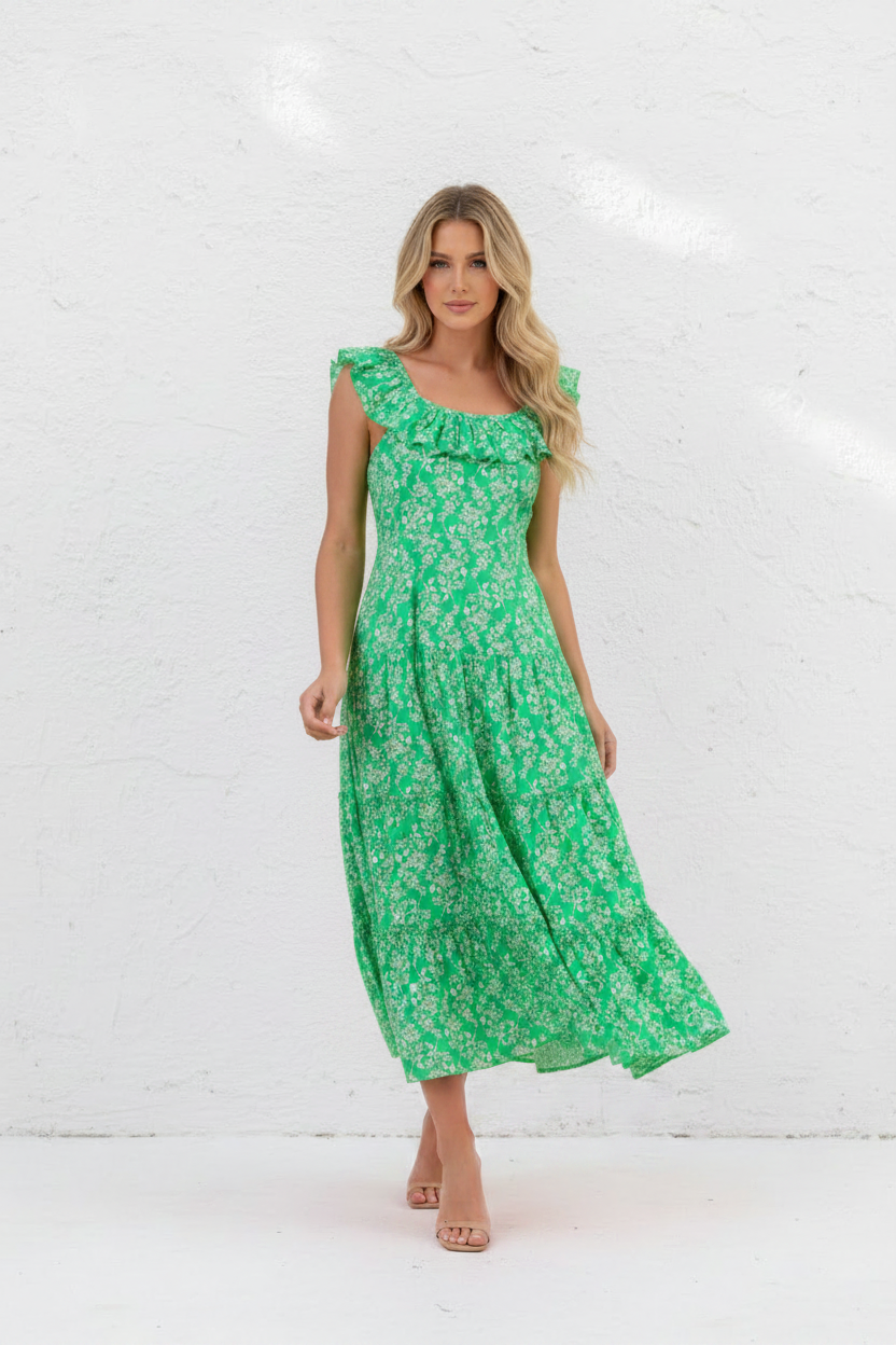 Green Floral Dress - Blonde Model