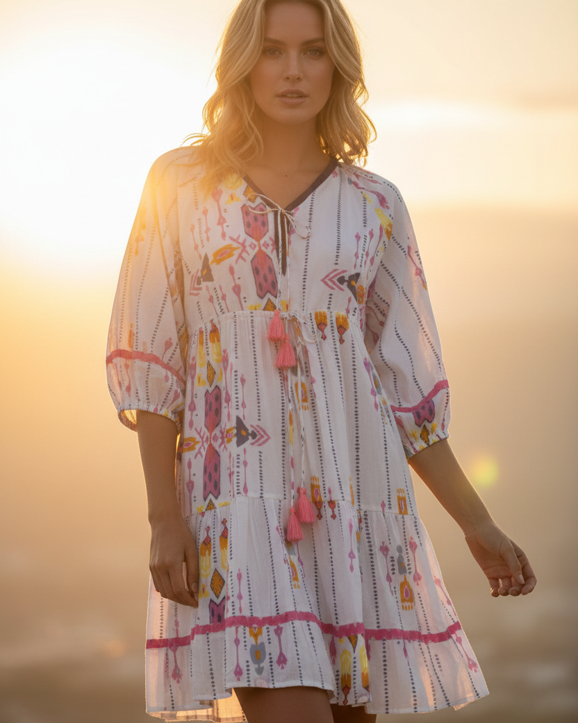 Kaftan on blonde model at sunset