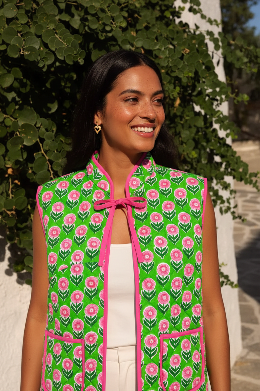 Model wearing green floral gilet