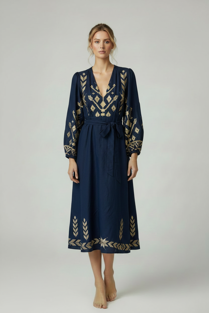 Navy Gold Embroidered Long Sleeve Midi Dress on Model