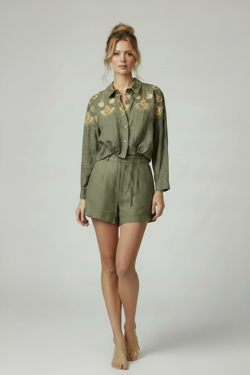 Olive Green Embroidered Blouse with Matching Shorts