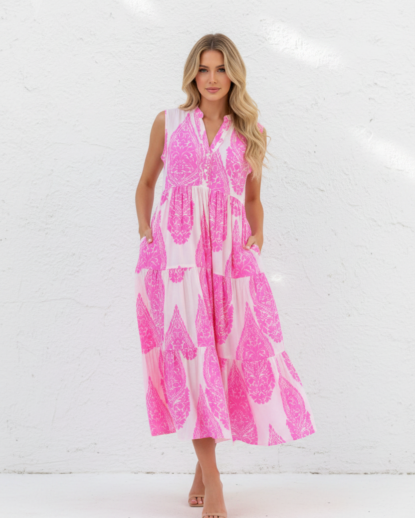 Pink Paisley Dress - Blonde Model