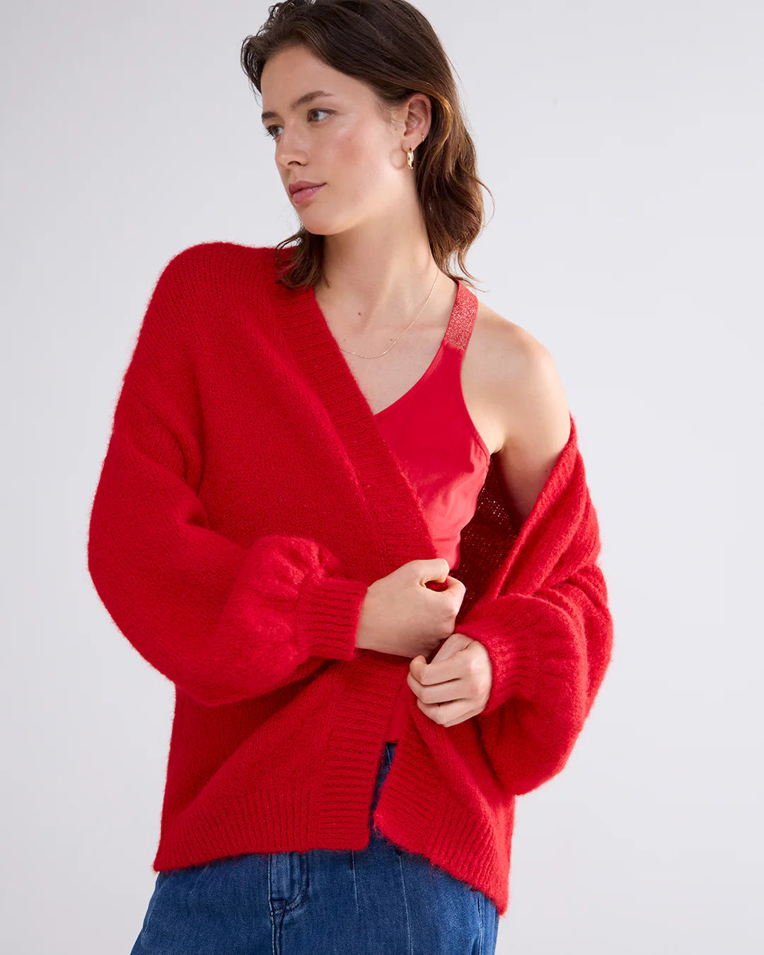 Red puff sleeve sweater discount