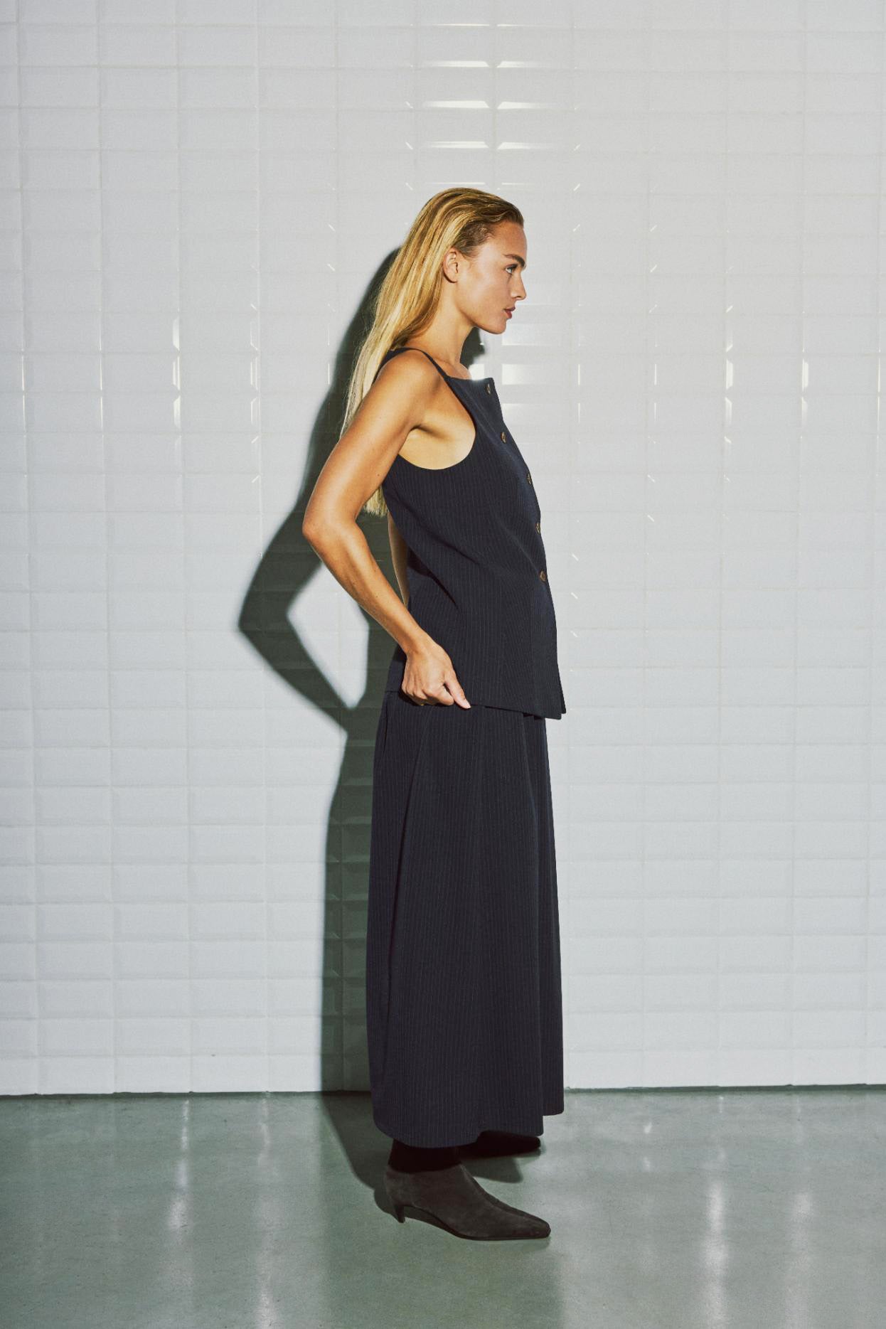 Lily Tailored Skirt - Navy Pinstripe
