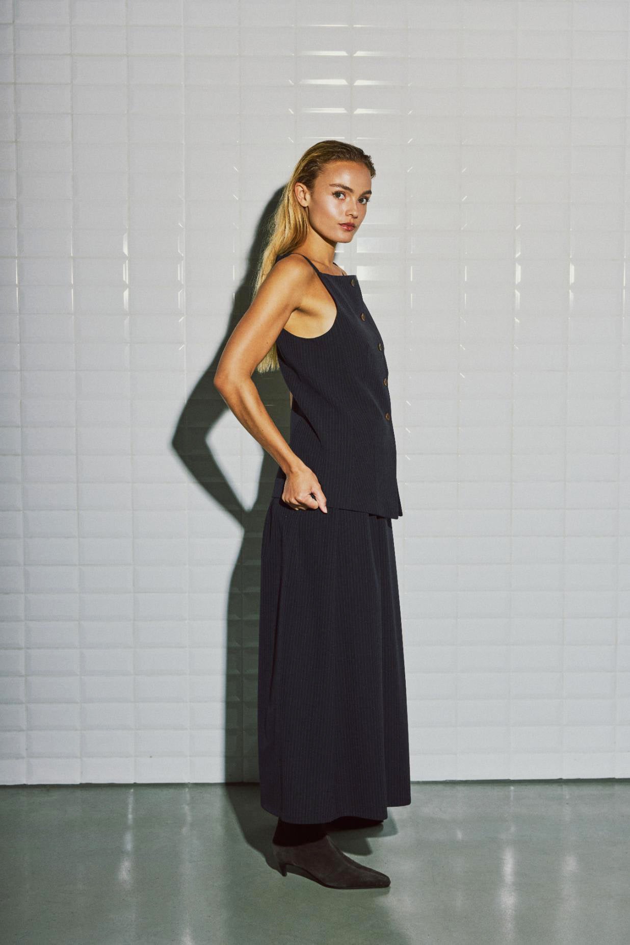 Lily Tailored Skirt - Navy Pinstripe