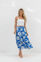 Blue Floral Skirt Outfit on Blonde Model