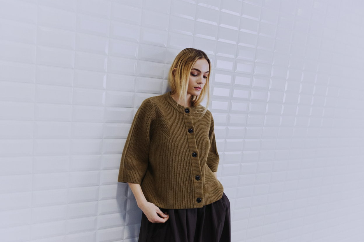 Cardigan in camel/olive on model