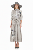 Dress on model with wide-brimmed grey summer hat and shoes