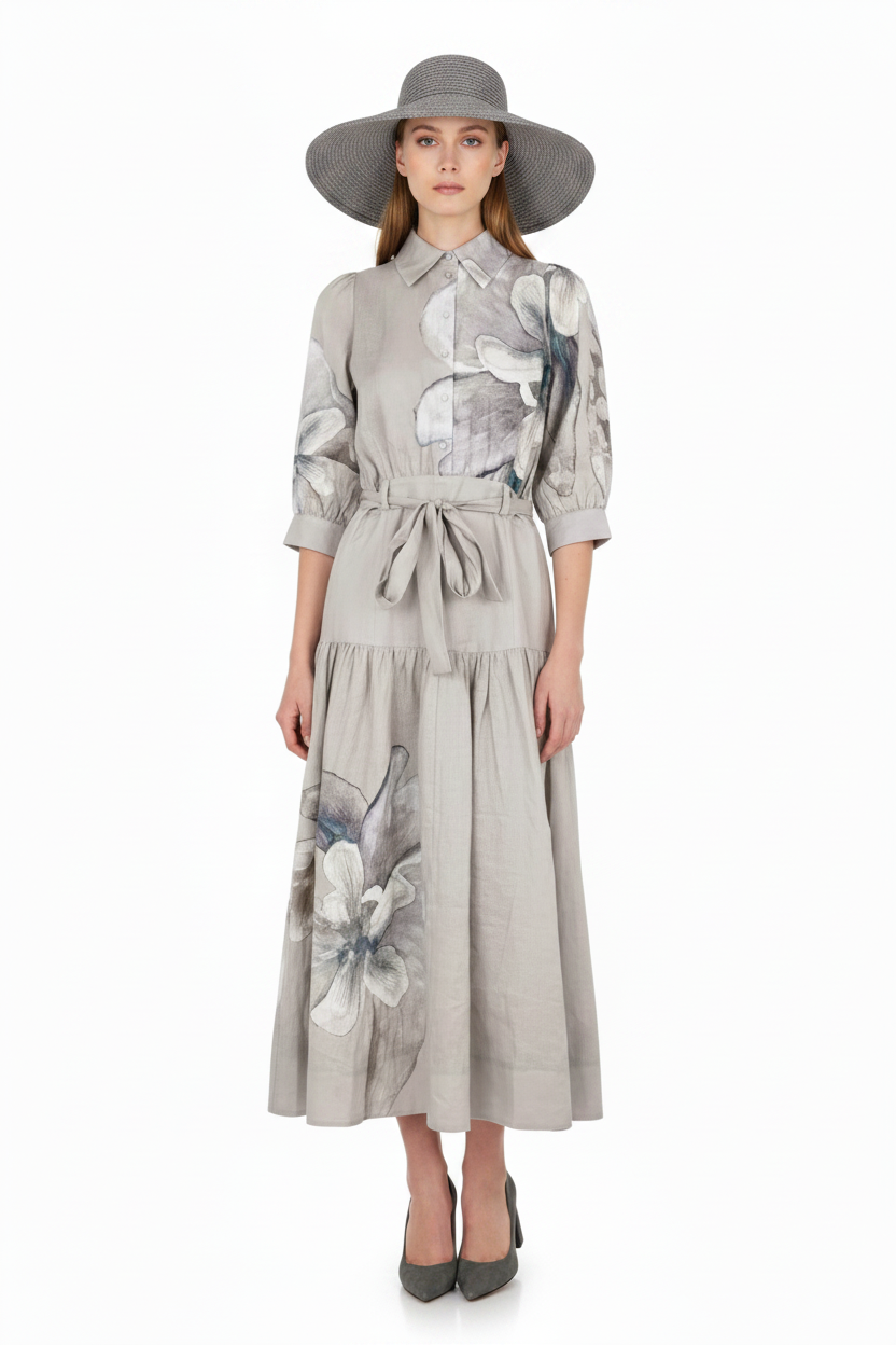 Dress on model with wide-brimmed grey summer hat and shoes