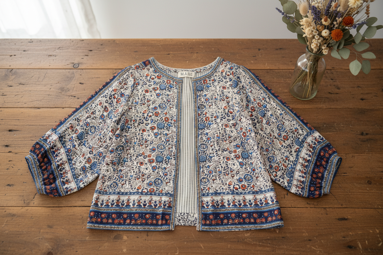 Floral jacket on wooden table with dried flowers