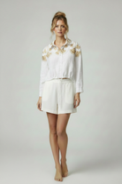 Gold Embroidered White Blouse with White Shorts