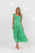 Green Floral Dress - Blonde Model
