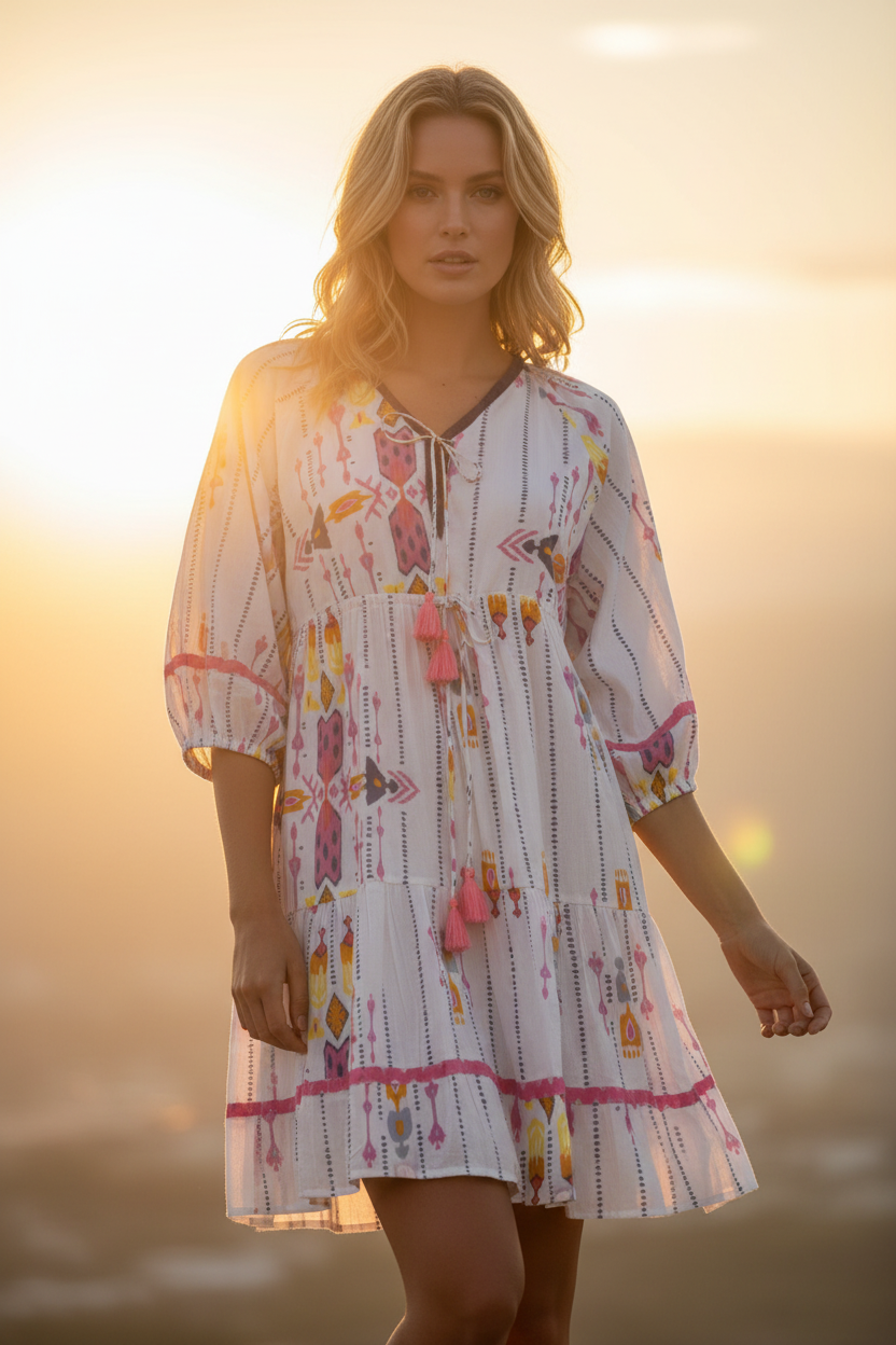 Kaftan on blonde model at sunset