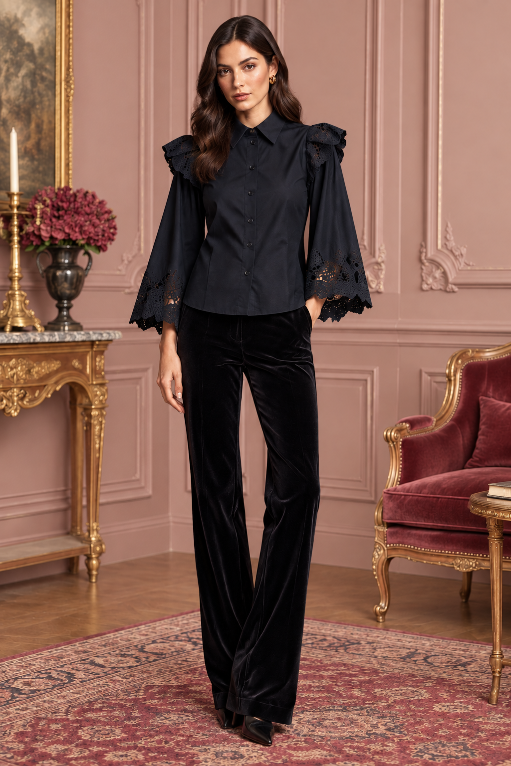 Model in the blouse against a lighter burgundy room