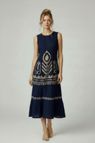 Navy Geometric Embroidered Midi Dress on Model