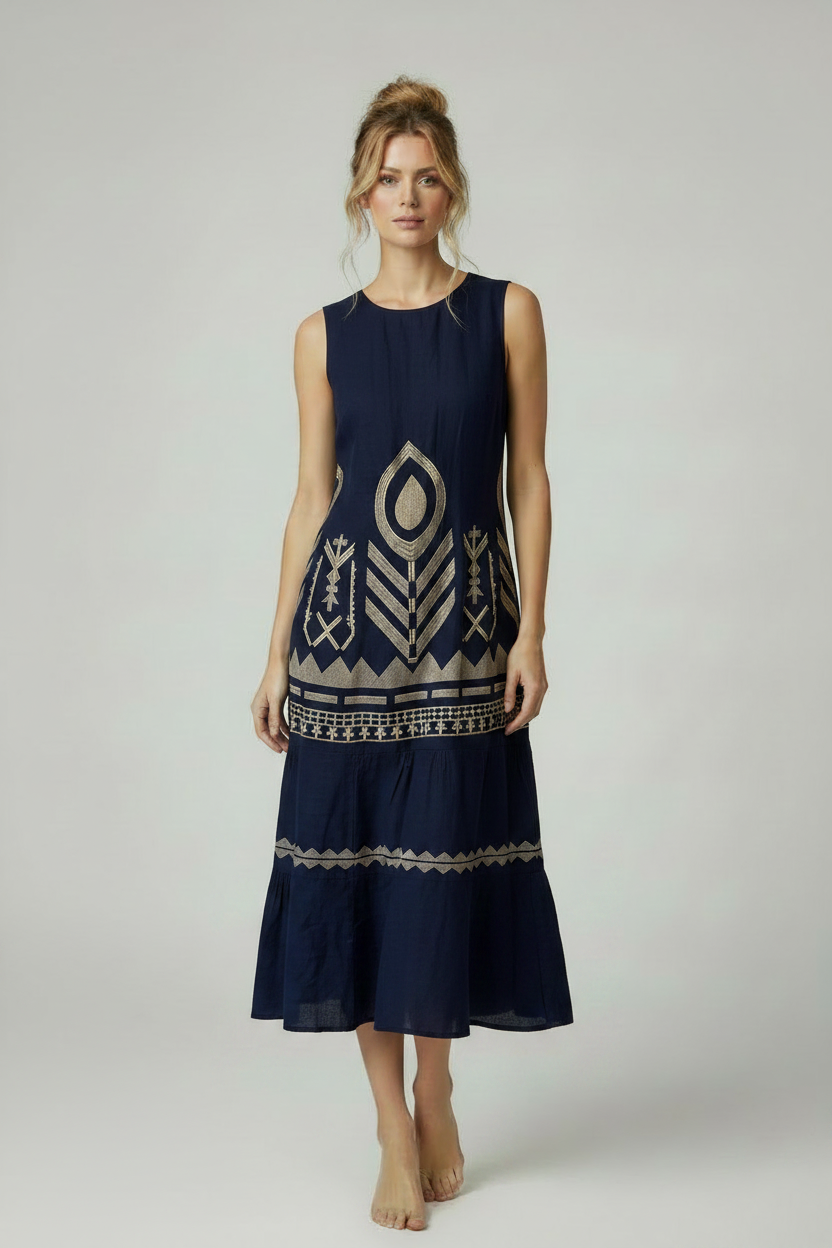 Navy Geometric Embroidered Midi Dress on Model