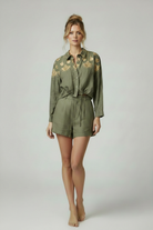 Olive Green Embroidered Blouse with Matching Shorts