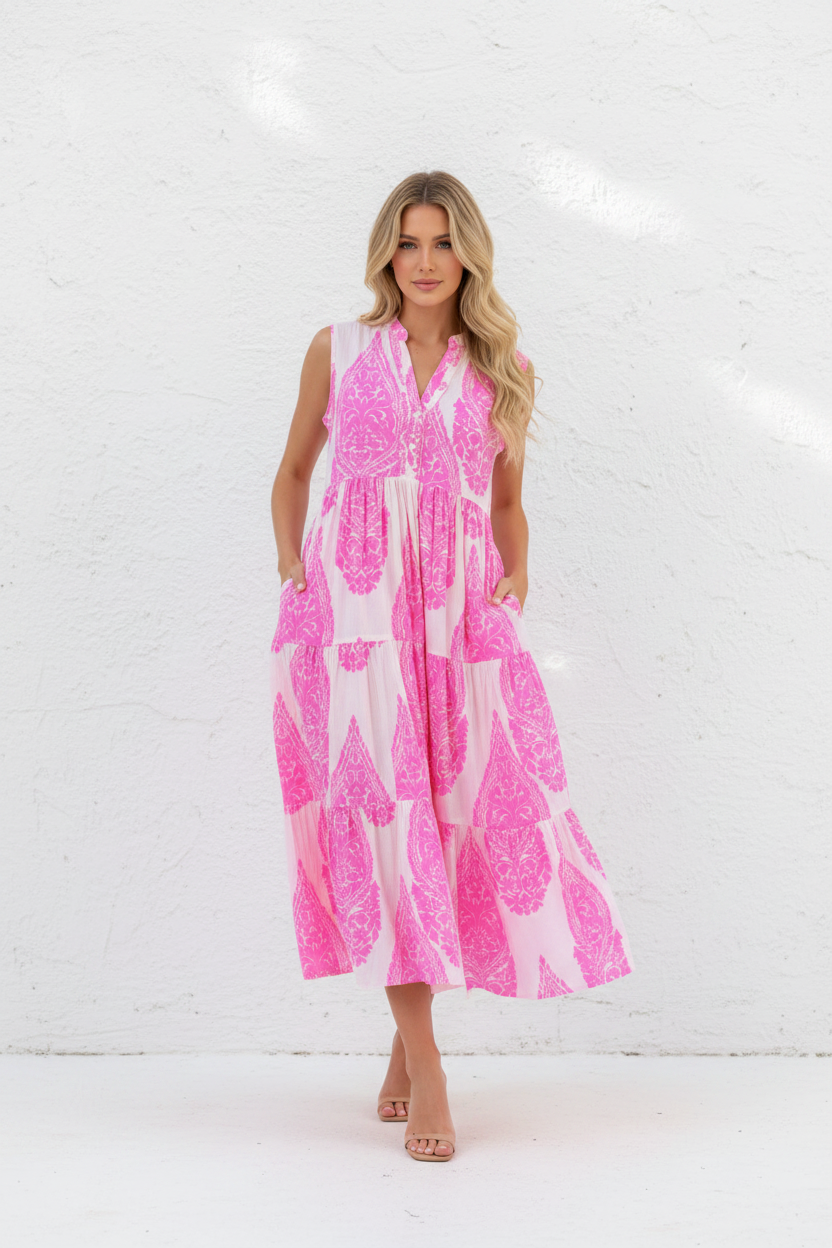 Pink Paisley Dress - Blonde Model