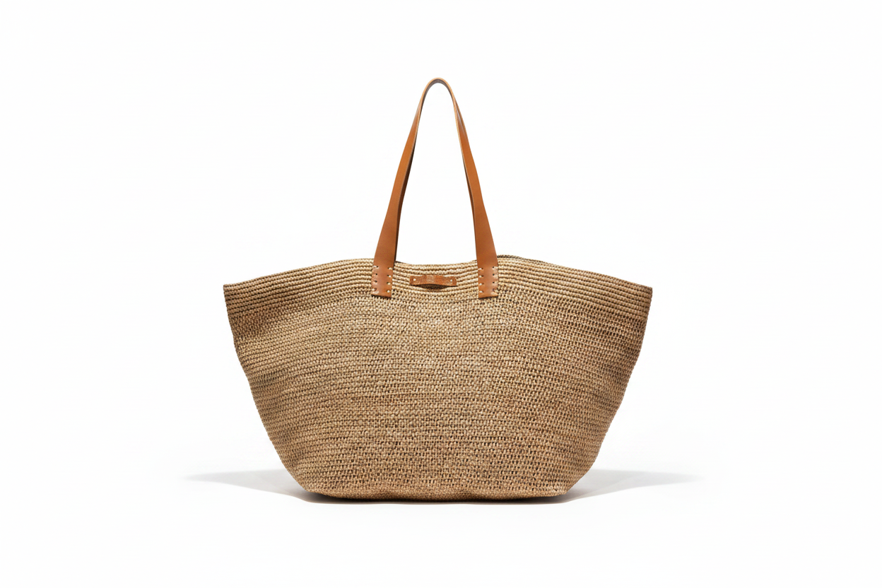 Raffia tote bag on white backdrop