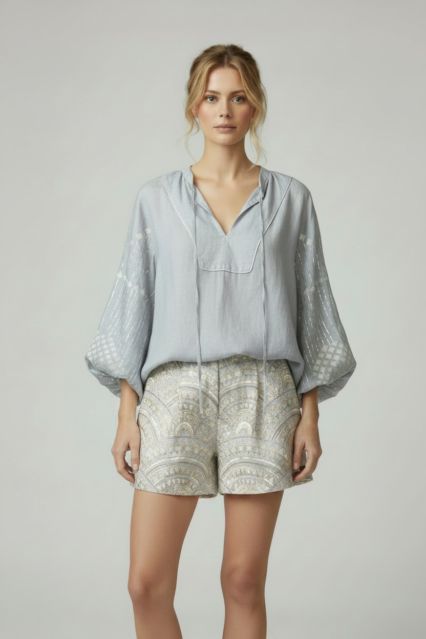 Silver Blouse with Patterned Jacquard Shorts