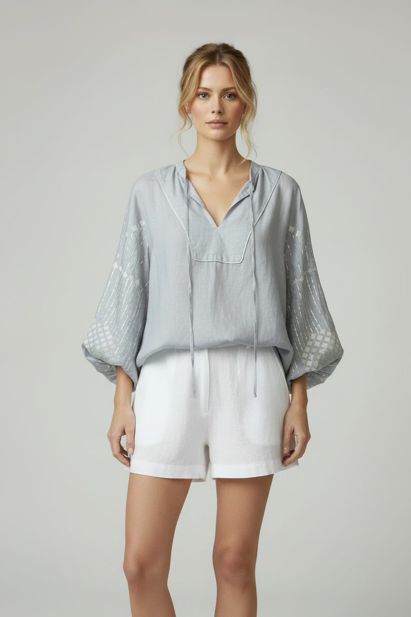 Silver Grey Blouse Untucked with Short Linen Shorts