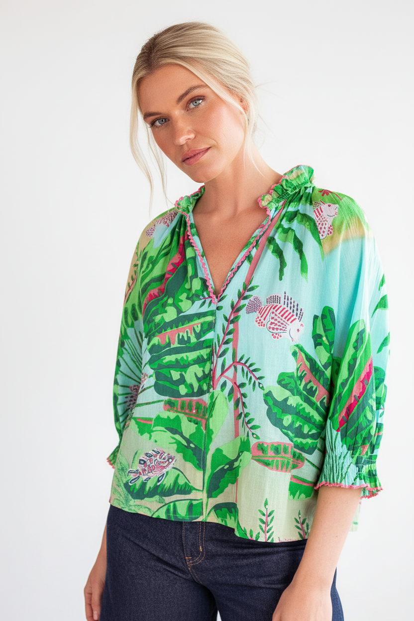 Tropical Blouse on Blonde Model